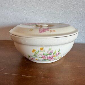 Floral Ceramic Bowl with Lid, Pink White Vintage